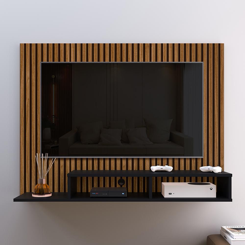 Estante Painel Suspenso TV 48 Polegadas Nicho Organizador Prateleira Decorativa Sala Quarto Moderno Dubai Ripado/Preto - RPM Móveis