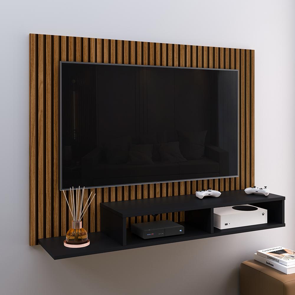 Estante Painel Suspenso TV 48 Polegadas Nicho Organizador Prateleira Decorativa Sala Quarto Moderno Dubai Ripado/Preto - RPM Móveis
