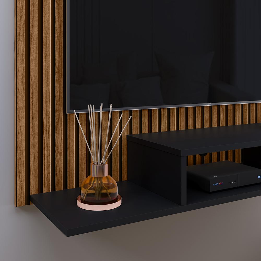 Estante Painel Suspenso TV 48 Polegadas Nicho Organizador Prateleira Decorativa Sala Quarto Moderno Dubai Ripado/Preto - RPM Móveis