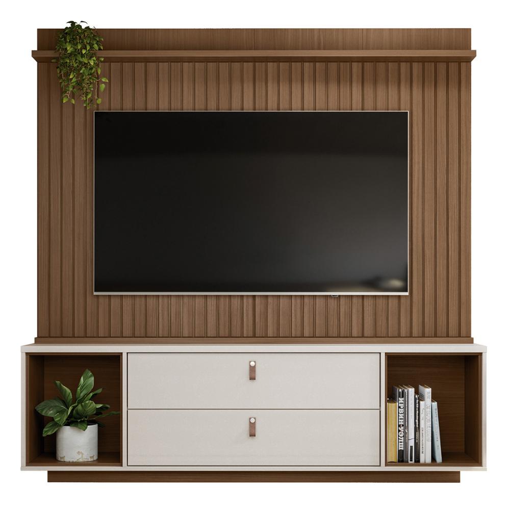 Home Dakar Estante Painel Tv Até 75 Polegadas Ripado Prateleira 2 Portas Basculante - Cedro/Off White Perolizado - Lojas RPM