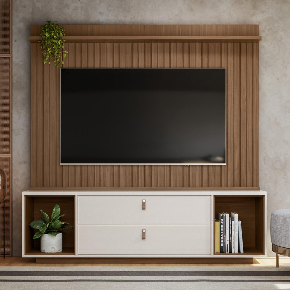 Home Dakar Estante Painel Tv Até 75 Polegadas Ripado Prateleira 2 Portas Basculante - Cedro/Off White Perolizado - Lojas RPM