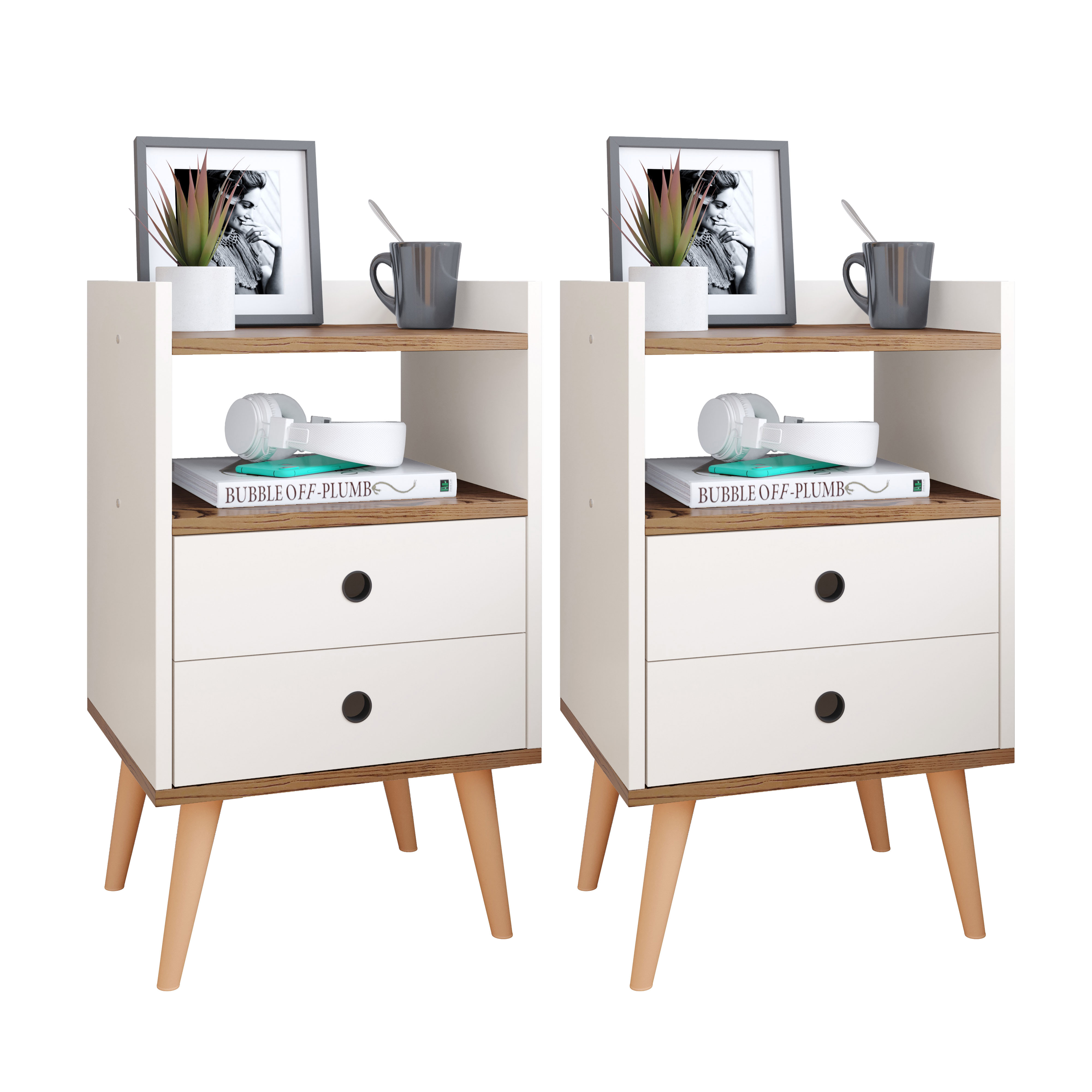 Jogo 2 Mesas de Cabeceira Pequena Kit Mesinhas Apoio Nicho Gavetas Decoração Quarto Casal Dream - Off White/Freijó- RPM