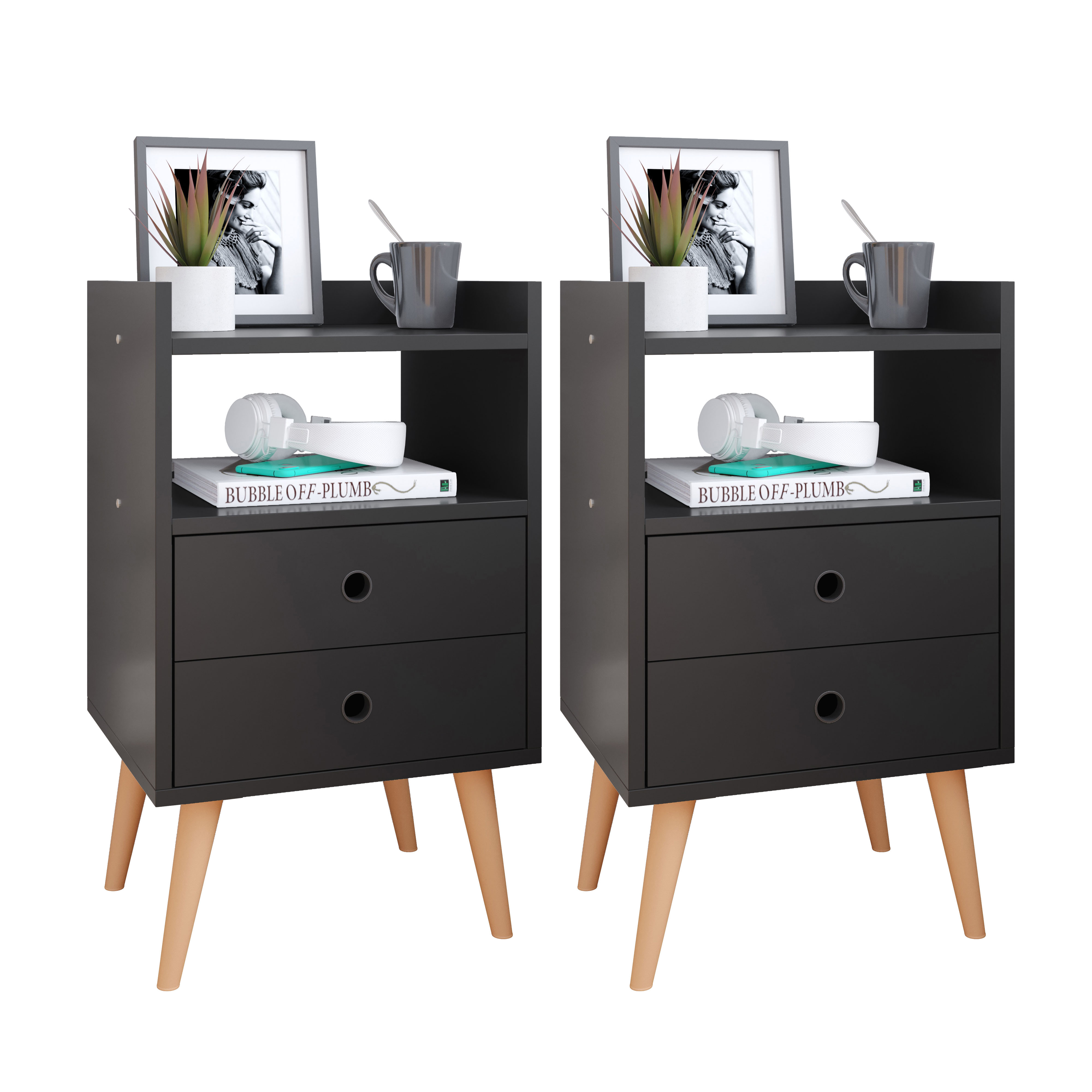Jogo 2 Mesas de Cabeceira Pequena Kit Mesinhas Apoio Nicho Gavetas Decoração Quarto Casal Retrô Dream - Preto - RPM