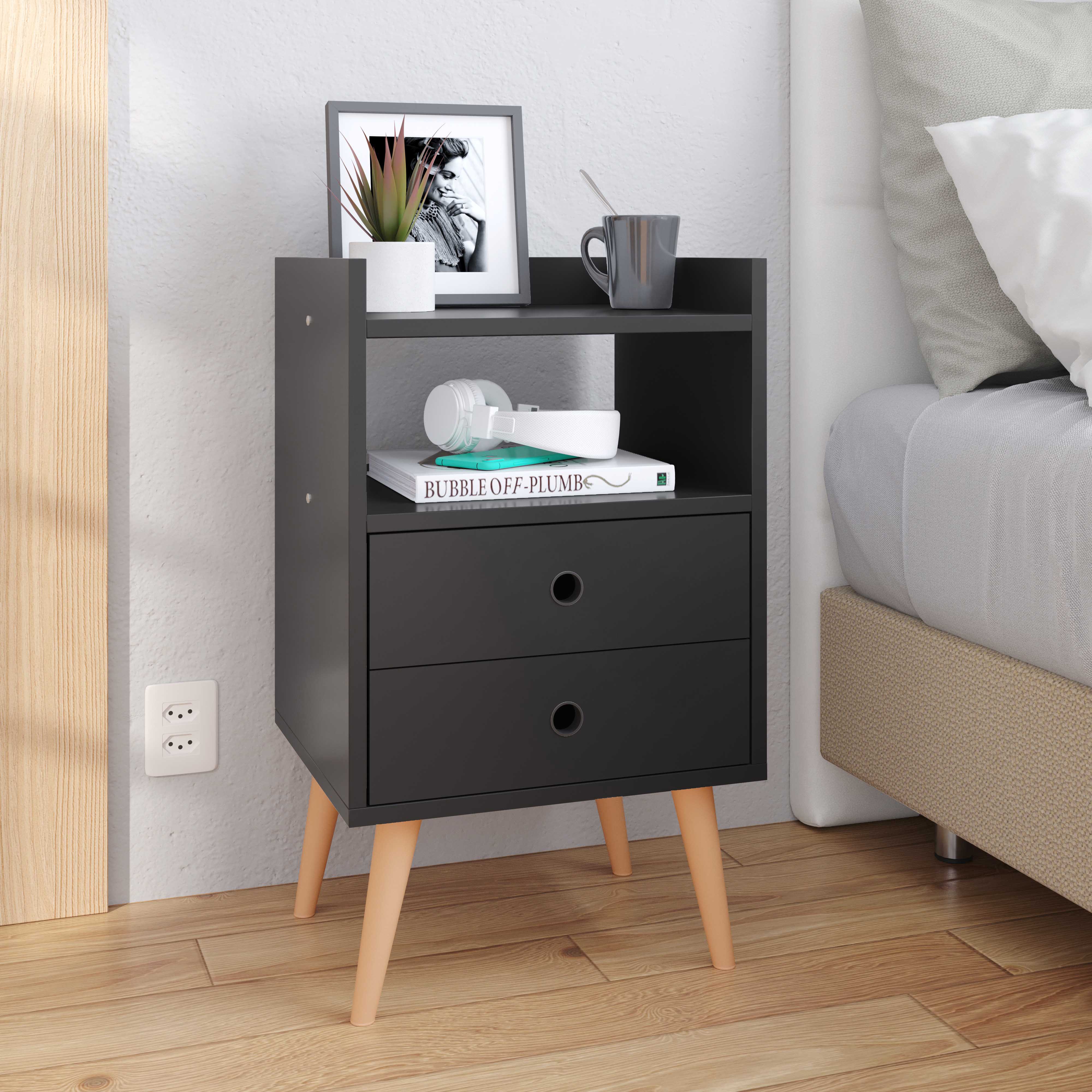 Jogo 2 Mesas de Cabeceira Pequena Kit Mesinhas Apoio Nicho Gavetas Decoração Quarto Casal Retrô Dream - Preto - RPM
