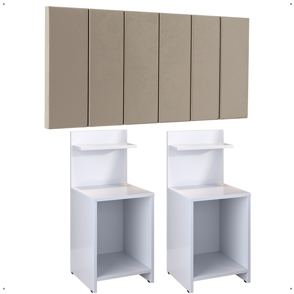 Jogo Quarto 2 Mesas Cabeceira Fantasy Branco Prateleira Nicho Decorativo Painel Suspenso Júlia Cama Box Casal 1,40 Bege Suede - Lojas RPM