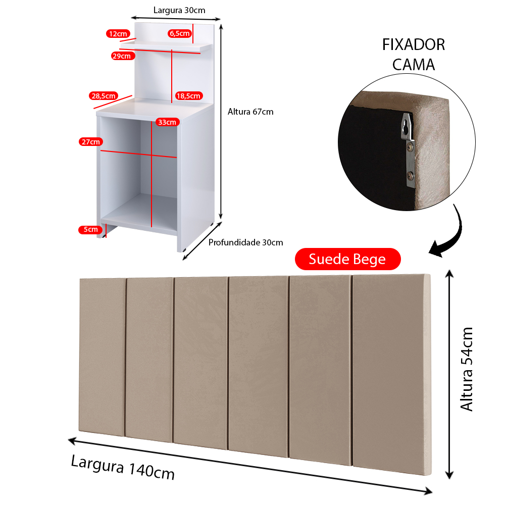 Jogo Quarto 2 Mesas Cabeceira Fantasy Branco Prateleira Nicho Decorativo Painel Suspenso Júlia Cama Box Casal 1,40 Bege Suede - Lojas RPM