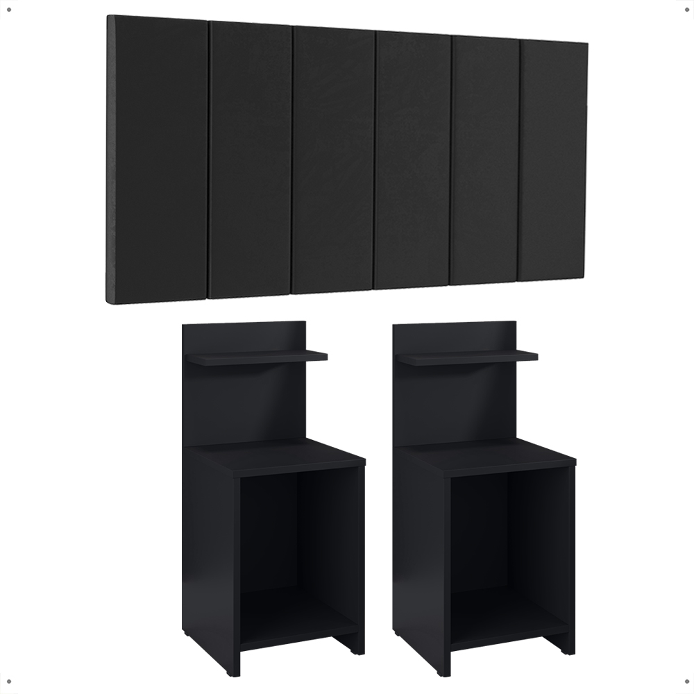 Jogo Quarto 2 Mesas Cabeceira Fantasy Preto Prateleira Nicho Decorativo Painel Suspenso Júlia Cama Box Casal 1,40 Suede - Lojas RPM