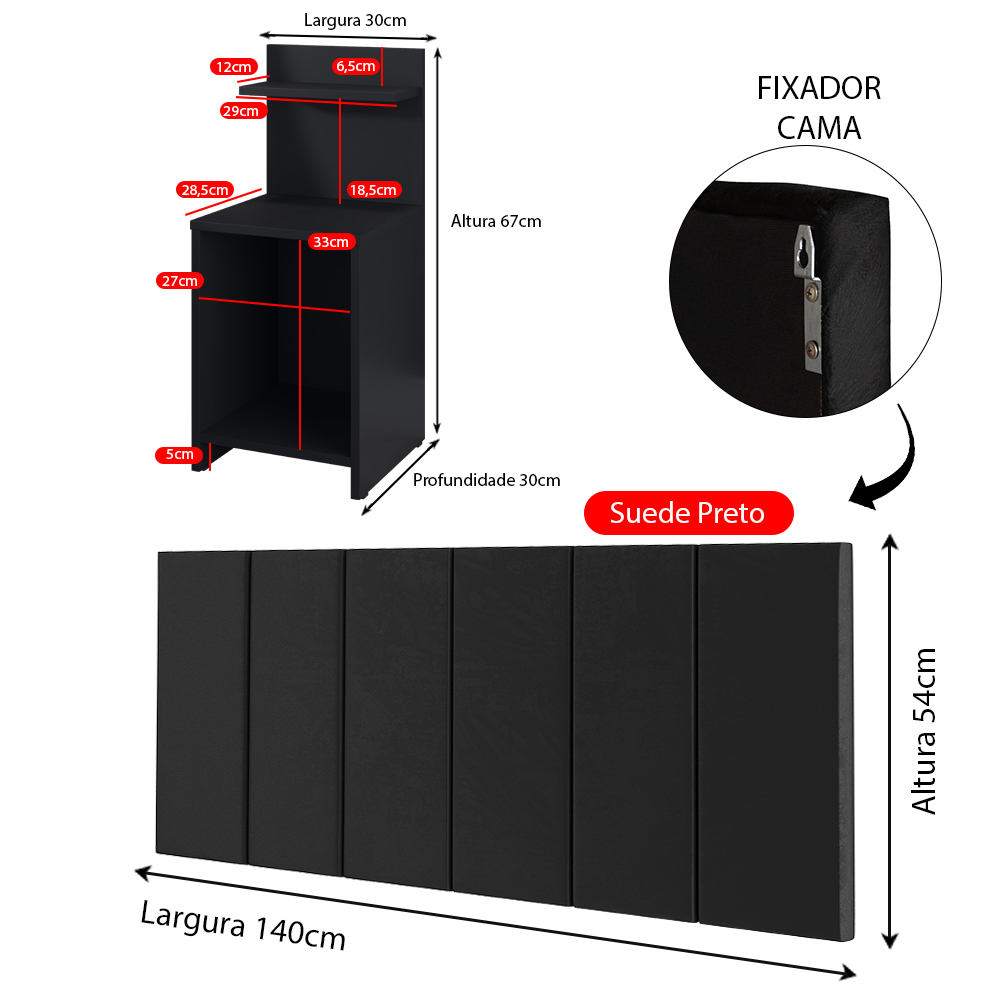 Jogo Quarto 2 Mesas Cabeceira Fantasy Preto Prateleira Nicho Decorativo Painel Suspenso Júlia Cama Box Casal 1,40 Suede - Lojas RPM