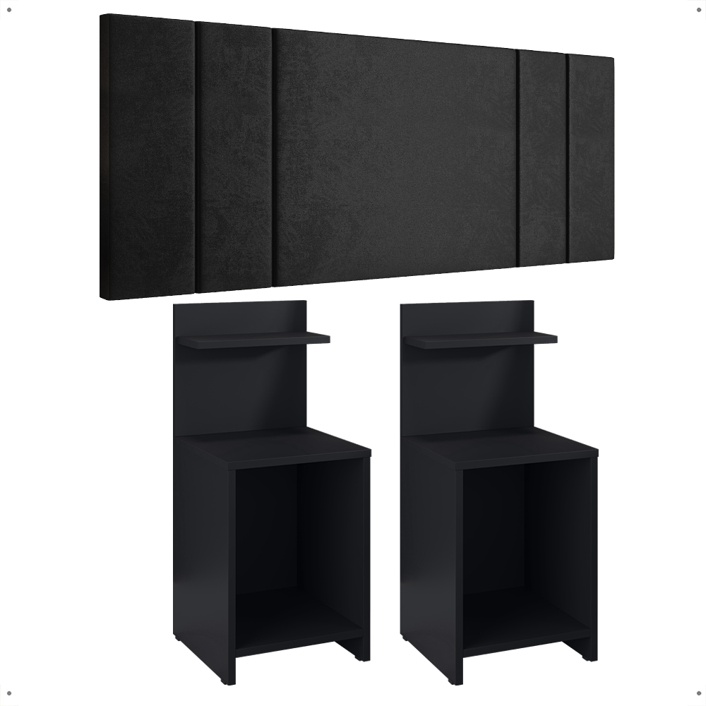 Jogo Quarto 2 Mesas Organizadora Fantasy Preto Prateleira Nicho Cabeceira Luana Suspensa Cama Box Queen Size 1,60 Suede - Lojas RPM