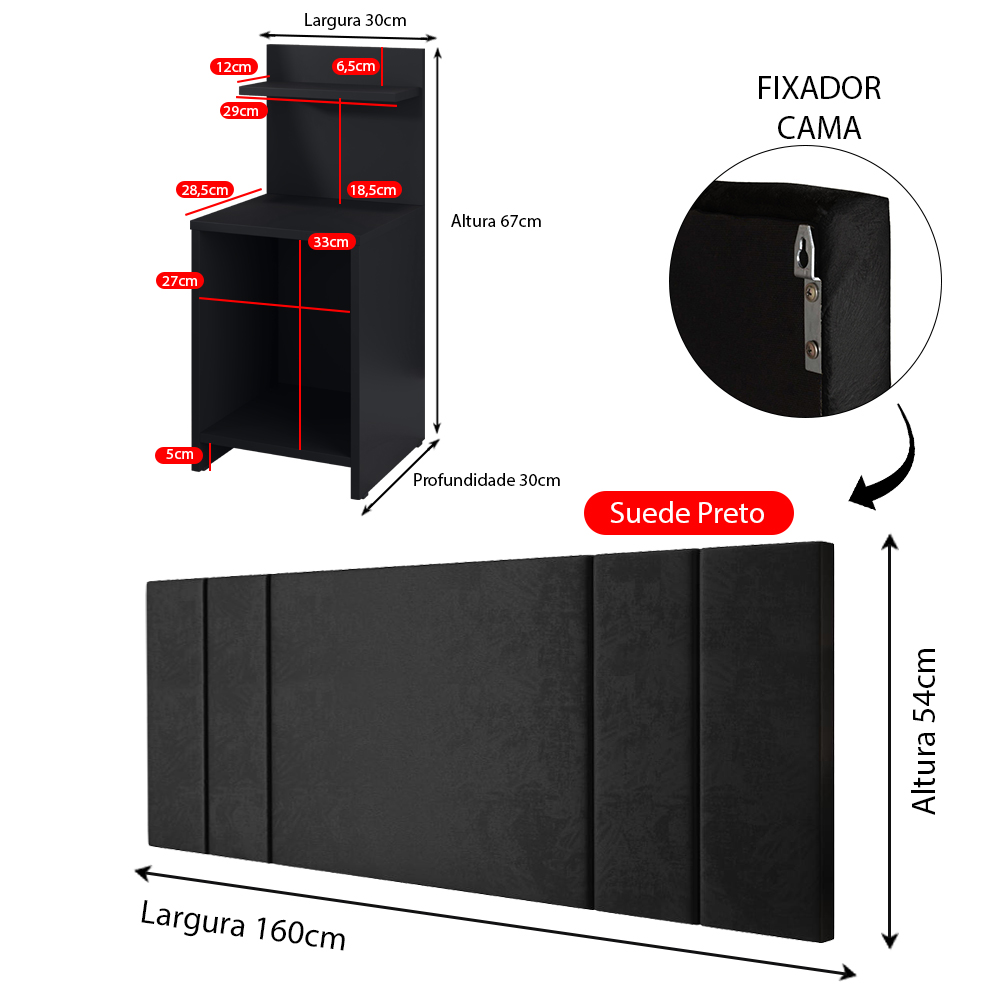 Jogo Quarto 2 Mesas Organizadora Fantasy Preto Prateleira Nicho Cabeceira Luana Suspensa Cama Box Queen Size 1,60 Suede - Lojas RPM