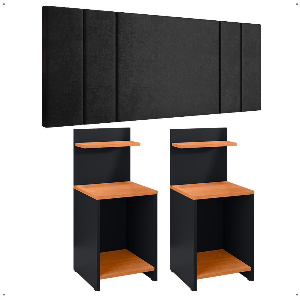 Jogo Quarto 2 Mesas Organizadora Fantasy Preto/Cinamomo Prateleira Nicho Cabeceira Luana Suspensa Cama Box Queen Size 1,60 Suede - Lojas RPM