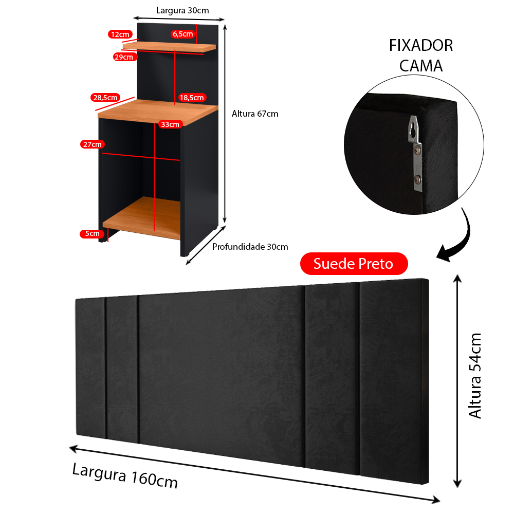Jogo Quarto 2 Mesas Organizadora Fantasy Preto/Cinamomo Prateleira Nicho Cabeceira Luana Suspensa Cama Box Queen Size 1,60 Suede - Lojas RPM