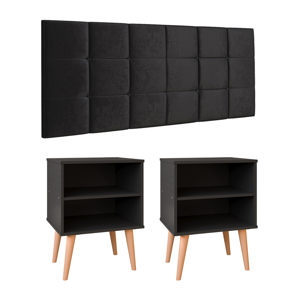 Jogo Quarto 2 Mesinhas Apoio Prateleira Pés Palito Retrô Cabeceira Modular Bia Estofado Suede Cama Box Casal 1,40 Preto - RPM