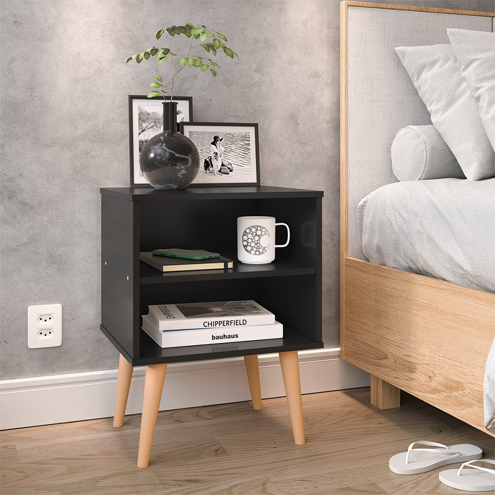 Jogo Quarto 2 Mesinhas Apoio Prateleira Pés Palito Retrô Cabeceira Modular Bia Estofado Suede Cama Box Casal 1,40 Preto - RPM