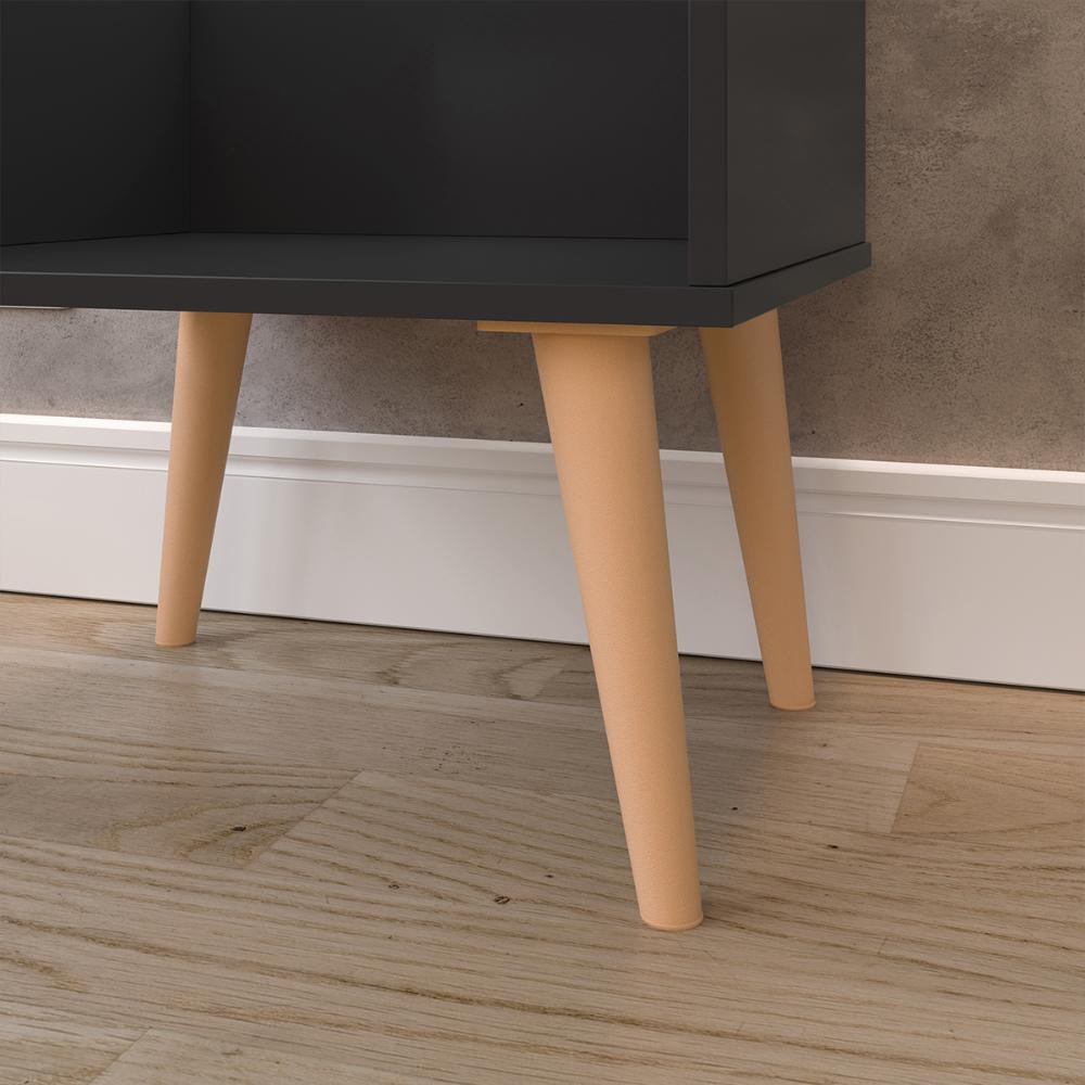 Jogo Quarto 2 Mesinhas Apoio Prateleira Pés Palito Retrô Cabeceira Modular Bia Estofado Suede Cama Box Casal 1,40 Preto - RPM