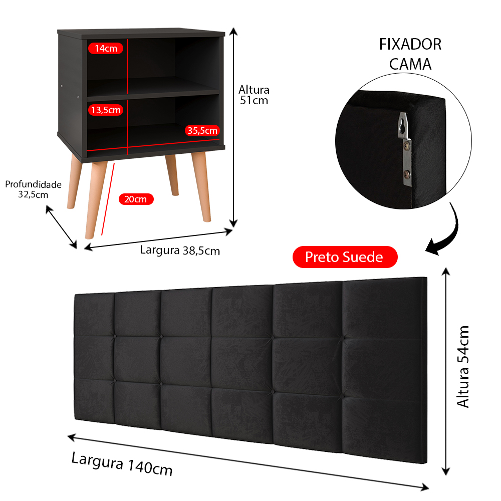 Jogo Quarto 2 Mesinhas Apoio Prateleira Pés Palito Retrô Cabeceira Modular Bia Estofado Suede Cama Box Casal 1,40 Preto - RPM
