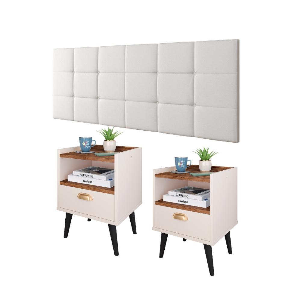 Jogo Quarto Completo Kit 2 Mesinhas Nicho Retrô Estilo Off White/Freijó e Cabeceira Suspensa Cama Box King Size 1.95 Bia Branco Corino - RPM Móveis