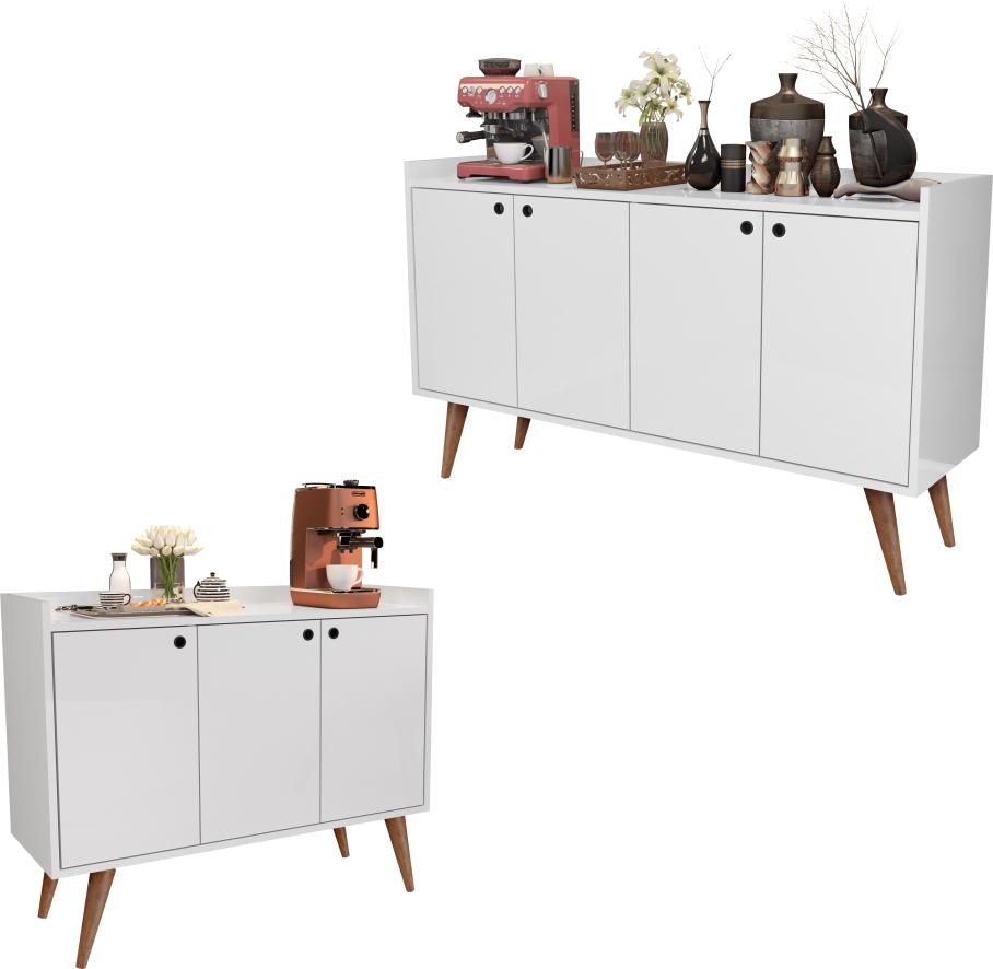 KIT APARADOR BUFFET RETRÔ 4 PORTAS DALLAS BRANCO E APARADOR BUFFET RETRÔ 3 PORTAS WOOD BRANCO