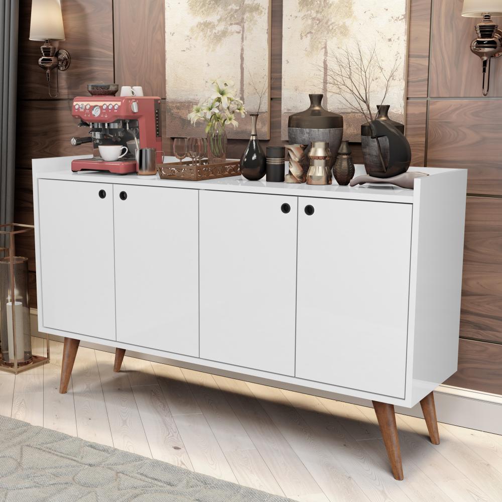 KIT APARADOR BUFFET RETRÔ 4 PORTAS DALLAS BRANCO E APARADOR BUFFET RETRÔ 3 PORTAS WOOD BRANCO