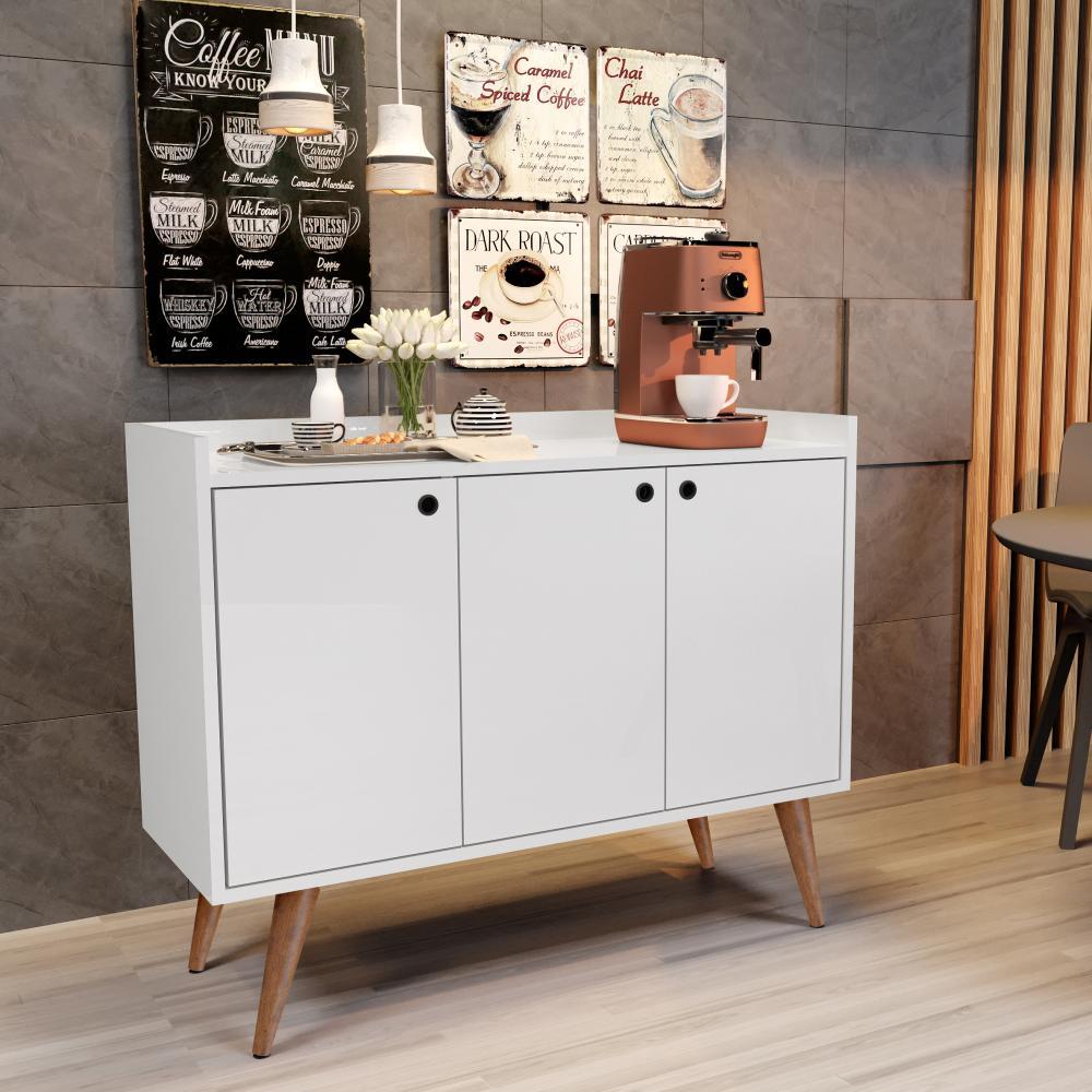 KIT APARADOR BUFFET RETRÔ 4 PORTAS DALLAS BRANCO E APARADOR BUFFET RETRÔ 3 PORTAS WOOD BRANCO