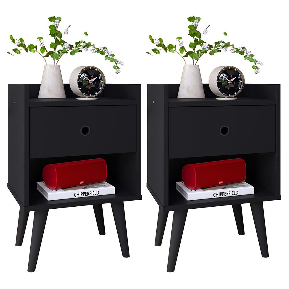 Kit 2 Mesas Cabeceira 1 Gaveta Organizadora Nicho Aberto Decorativo Pés Palito Retrô Mesinha Quarto - Preto - RPM Móveis