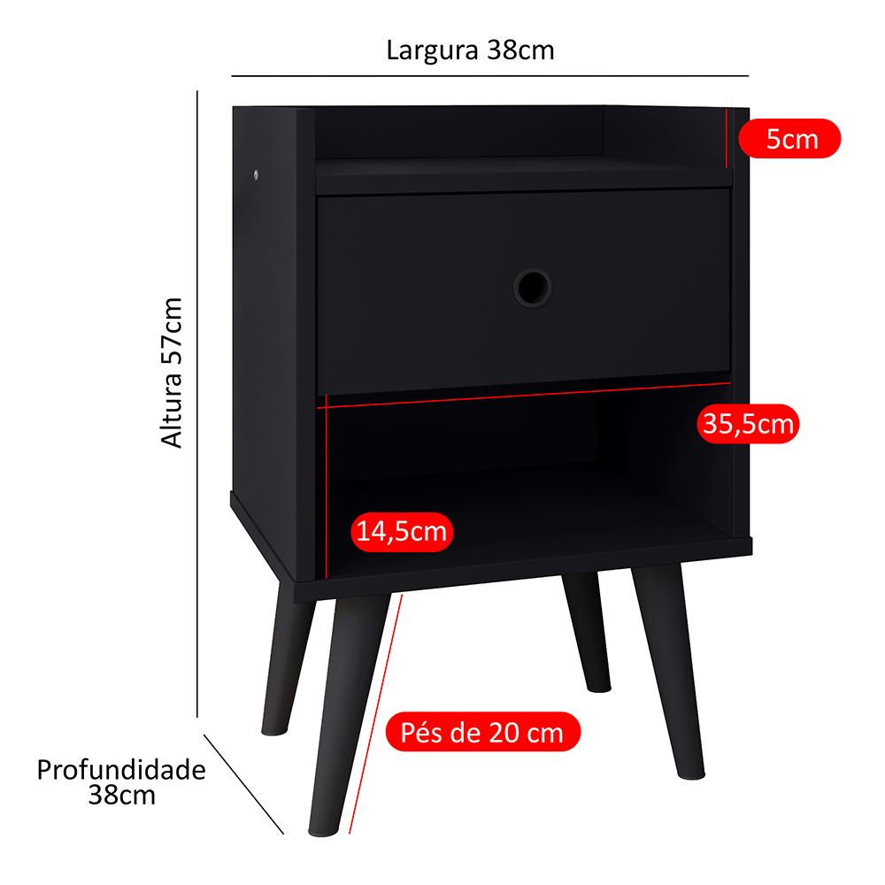 Kit 2 Mesas Cabeceira 1 Gaveta Organizadora Nicho Aberto Decorativo Pés Palito Retrô Mesinha Quarto - Preto - RPM Móveis
