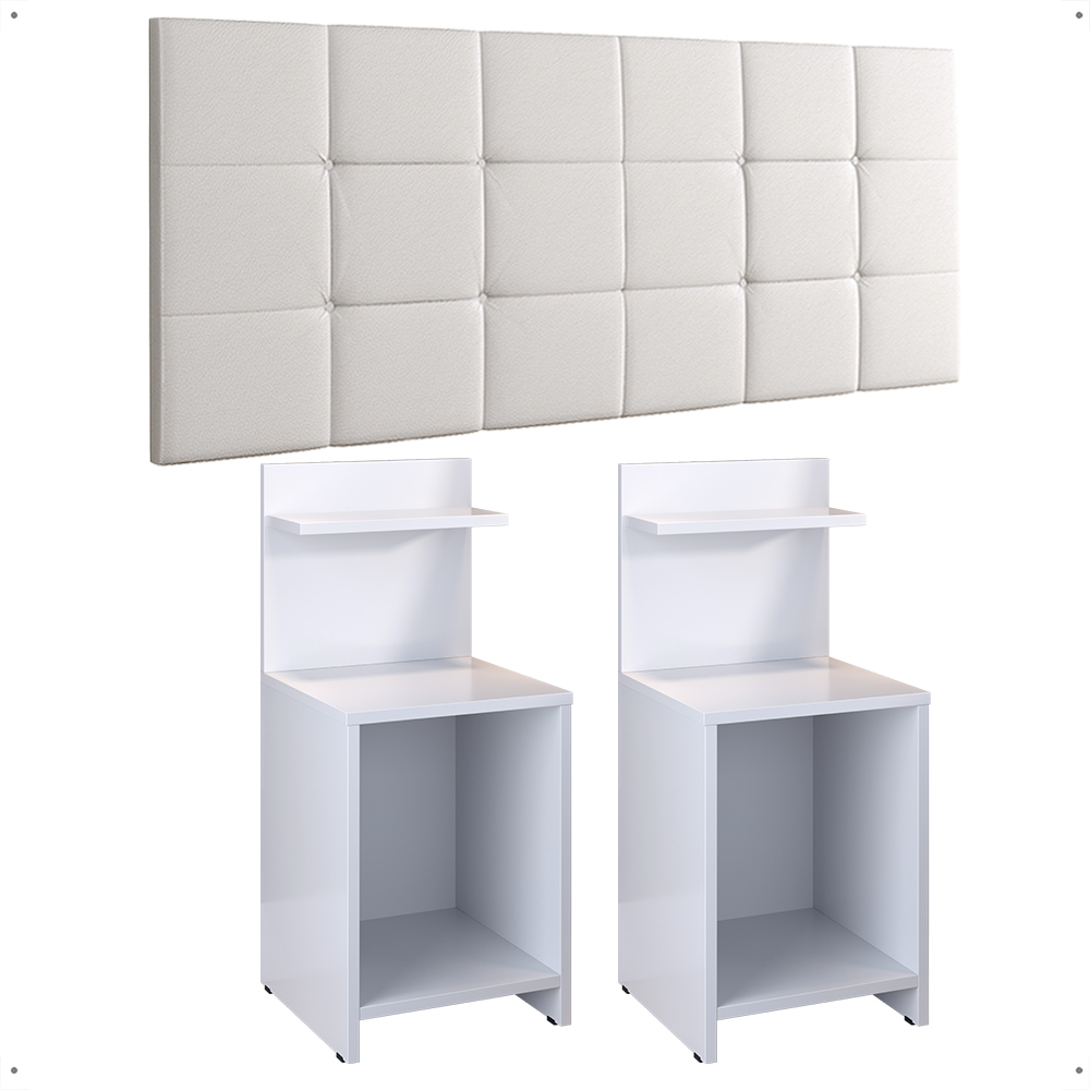Kit 2 Mesas Cabeceira Fantasy Branco Prateleira Organizadora Painel Suspenso Bia Estofado Cama Box Queen Size 1,60 Corino - Lojas RPM
