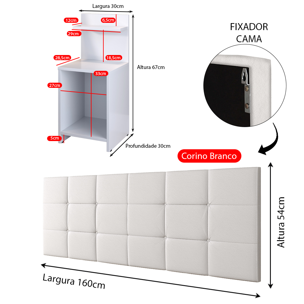 Kit 2 Mesas Cabeceira Fantasy Branco Prateleira Organizadora Painel Suspenso Bia Estofado Cama Box Queen Size 1,60 Corino - Lojas RPM