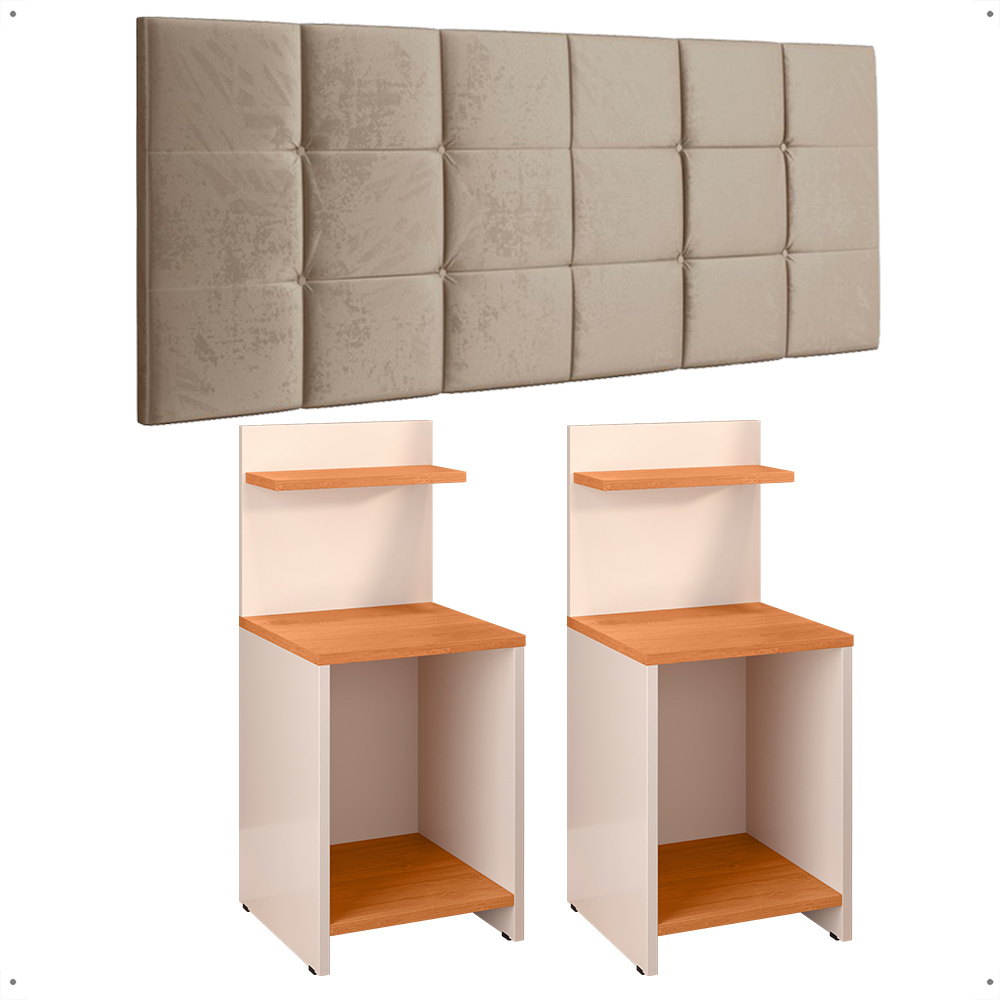 Kit 2 Mesas Cabeceira Fantasy Off White/Cinamomo Prateleira Organizadora Painel Suspenso Bia Estofado Cama Box Queen Size 1,60 Bege - Lojas RPM