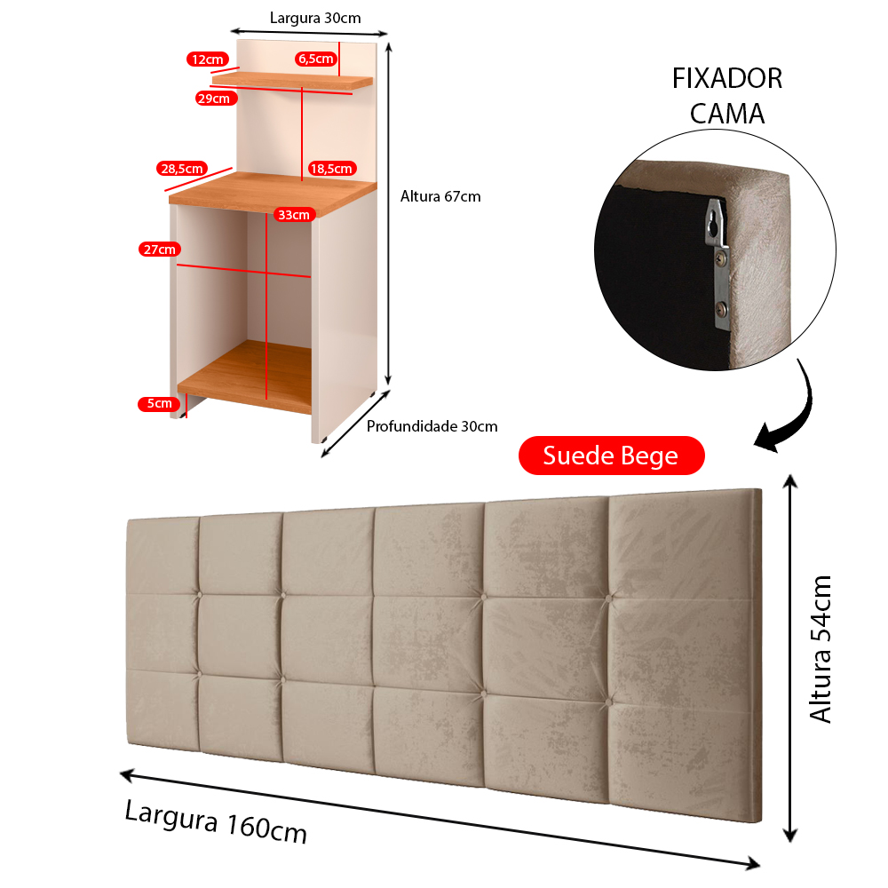 Kit 2 Mesas Cabeceira Fantasy Off White/Cinamomo Prateleira Organizadora Painel Suspenso Bia Estofado Cama Box Queen Size 1,60 Bege - Lojas RPM