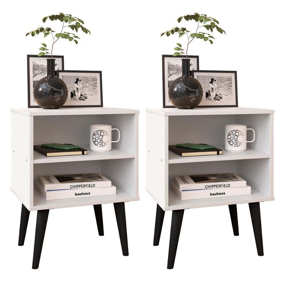 Kit 2 Mesinhas Apoio Lateral Cama Nicho Prateleira Pés Palito Jogo Mesa de Cabeceira Decoração Quarto Completo - Branco/Preto - RPM Móveis