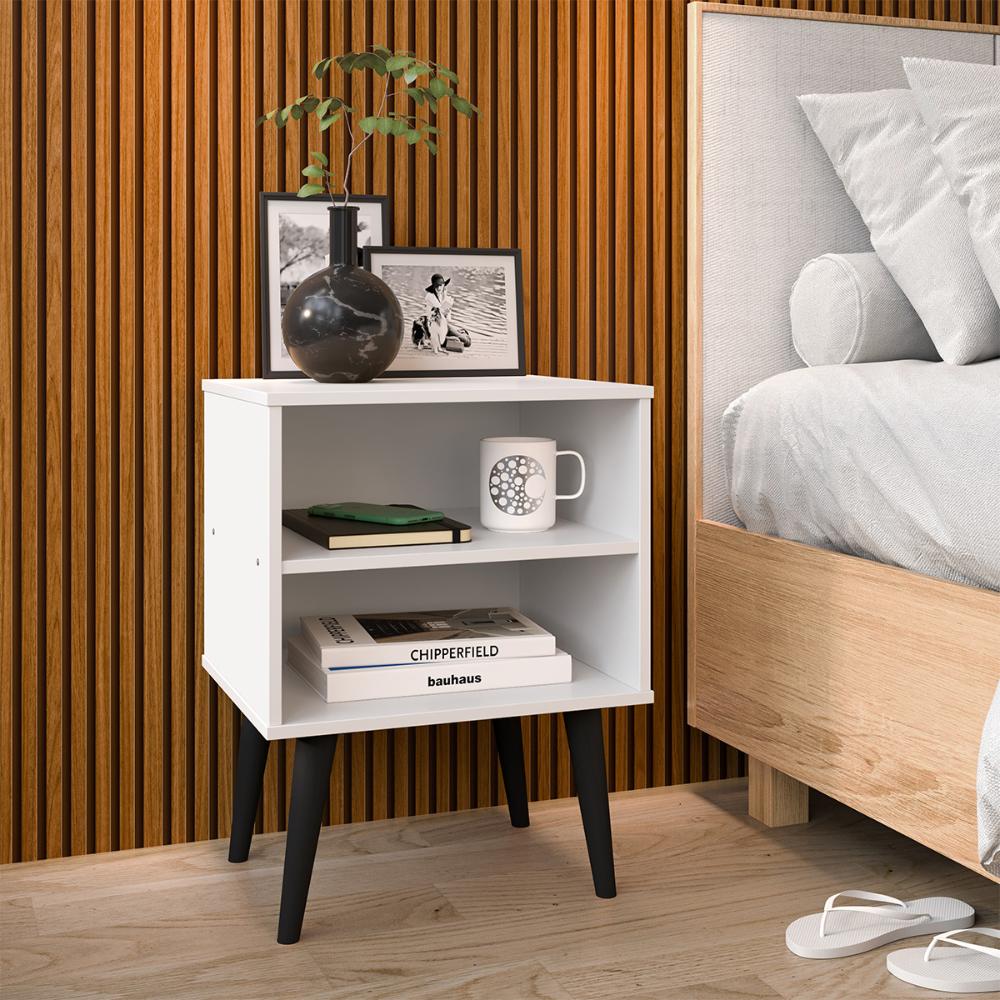 Kit 2 Mesinhas Apoio Lateral Cama Nicho Prateleira Pés Palito Jogo Mesa de Cabeceira Decoração Quarto Completo - Branco/Preto - RPM Móveis