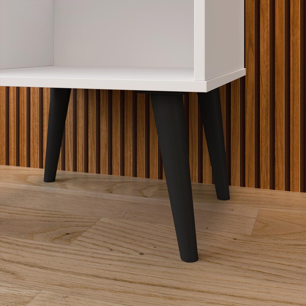 Kit 2 Mesinhas Apoio Lateral Cama Nicho Prateleira Pés Palito Jogo Mesa de Cabeceira Decoração Quarto Completo - Branco/Preto - RPM Móveis