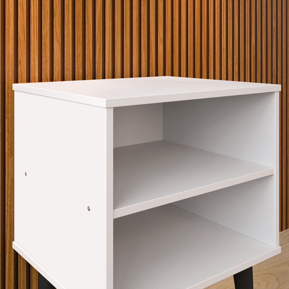Kit 2 Mesinhas Apoio Lateral Cama Nicho Prateleira Pés Palito Jogo Mesa de Cabeceira Decoração Quarto Completo - Branco/Preto - RPM Móveis