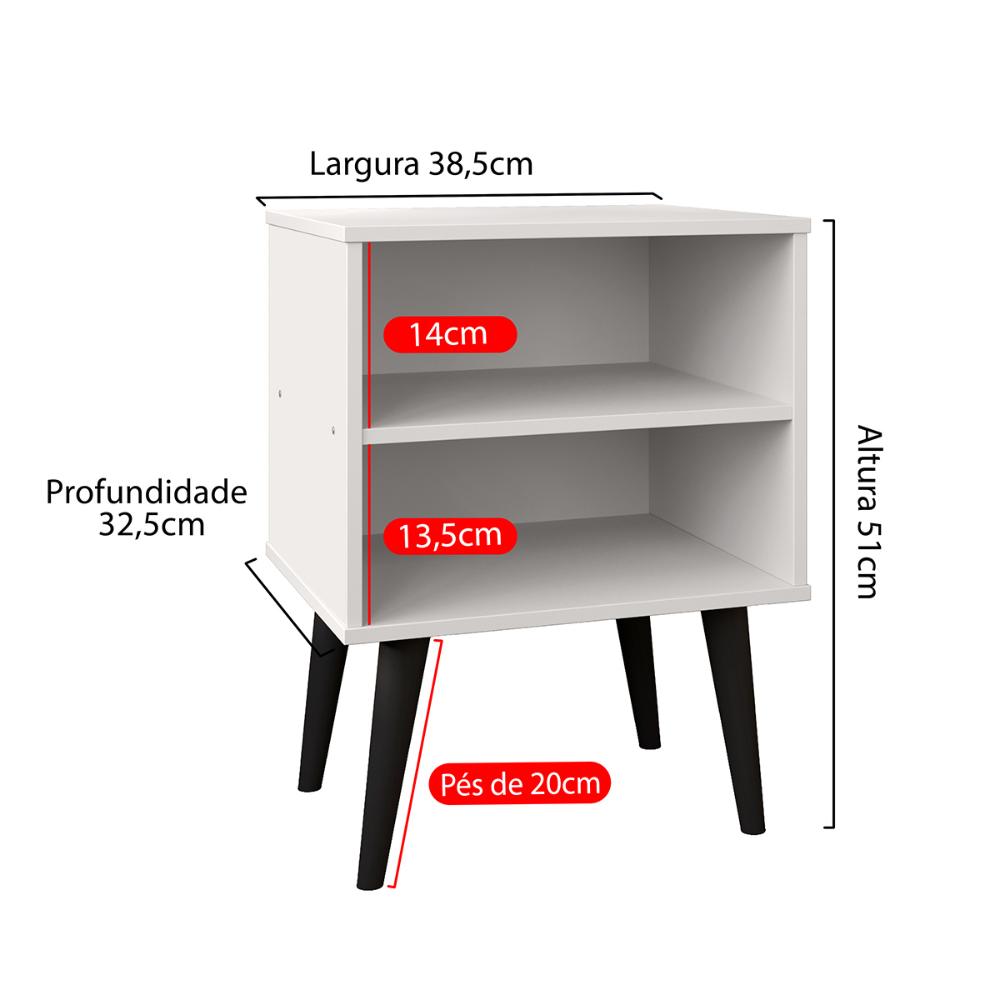 Kit 2 Mesinhas Apoio Lateral Cama Nicho Prateleira Pés Palito Jogo Mesa de Cabeceira Decoração Quarto Completo - Branco/Preto - RPM Móveis