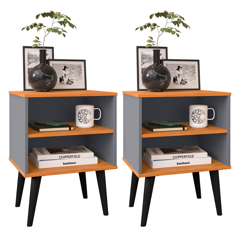 Kit 2 Mesinhas Apoio Lateral Cama Nicho Prateleira Pés Palito Jogo Mesa de Cabeceira Decoração Quarto Completo - Cinza/Cinamomo - RPM Móveis