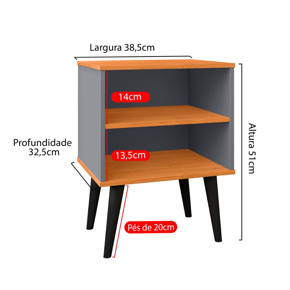 Kit 2 Mesinhas Apoio Lateral Cama Nicho Prateleira Pés Palito Jogo Mesa de Cabeceira Decoração Quarto Completo - Cinza/Cinamomo - RPM Móveis