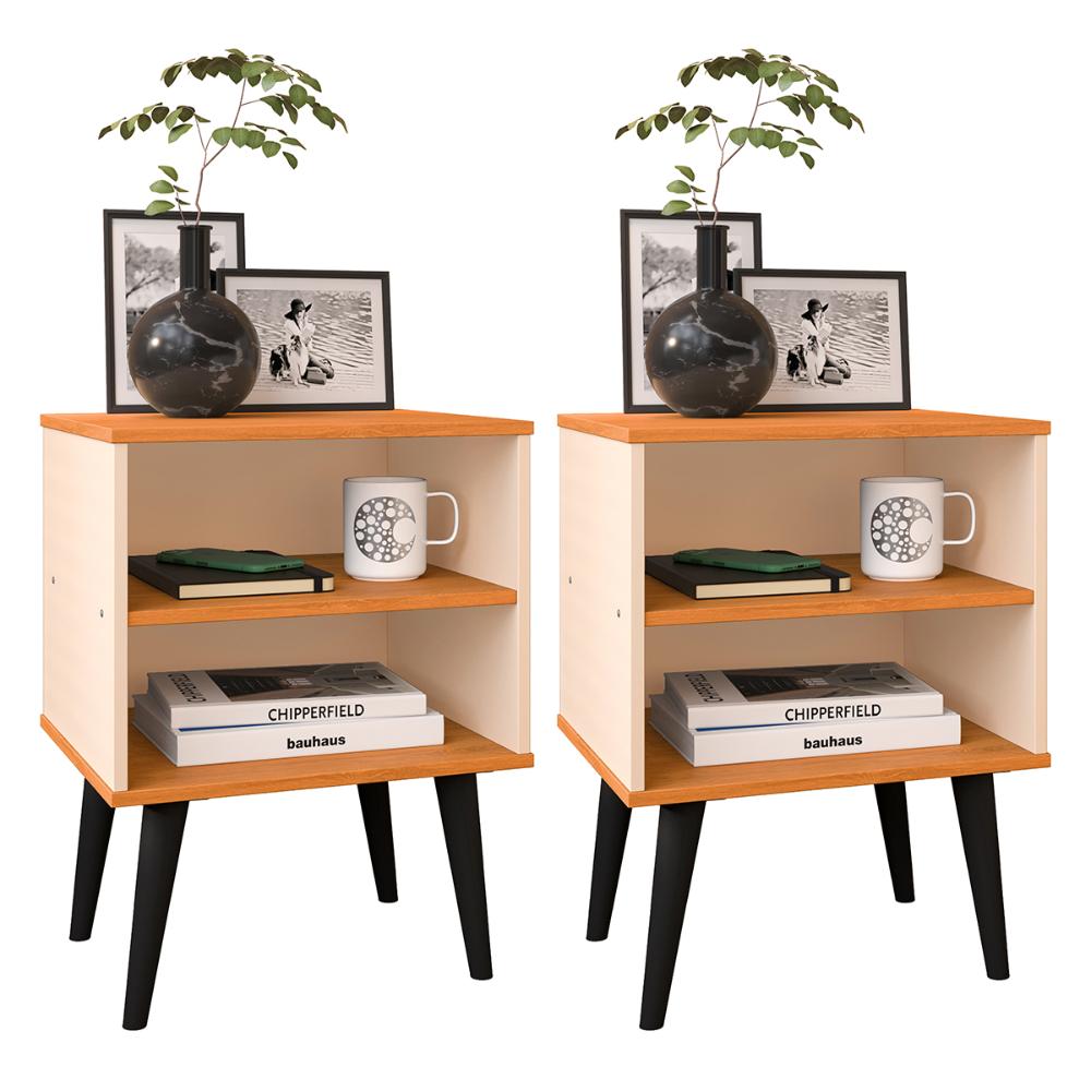 Kit 2 Mesinhas Apoio Lateral Cama Nicho Prateleira Pés Palito Jogo Mesa de Cabeceira Decoração Quarto Completo - Off White/Cinamomo - RPM Móveis
