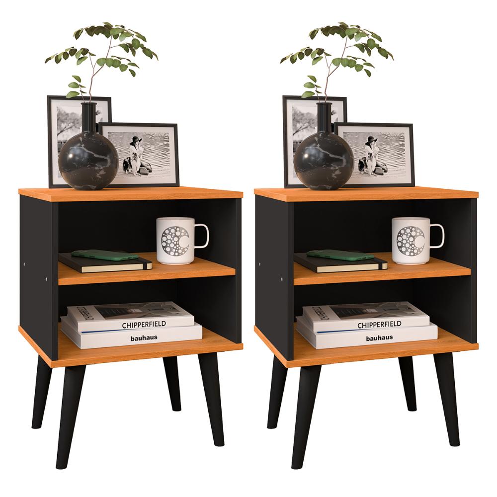 Kit 2 Mesinhas Apoio Lateral Cama Nicho Prateleira Pés Palito Jogo Mesa de Cabeceira Decoração Quarto Completo - Preto/Cinamomo - RPM Móveis