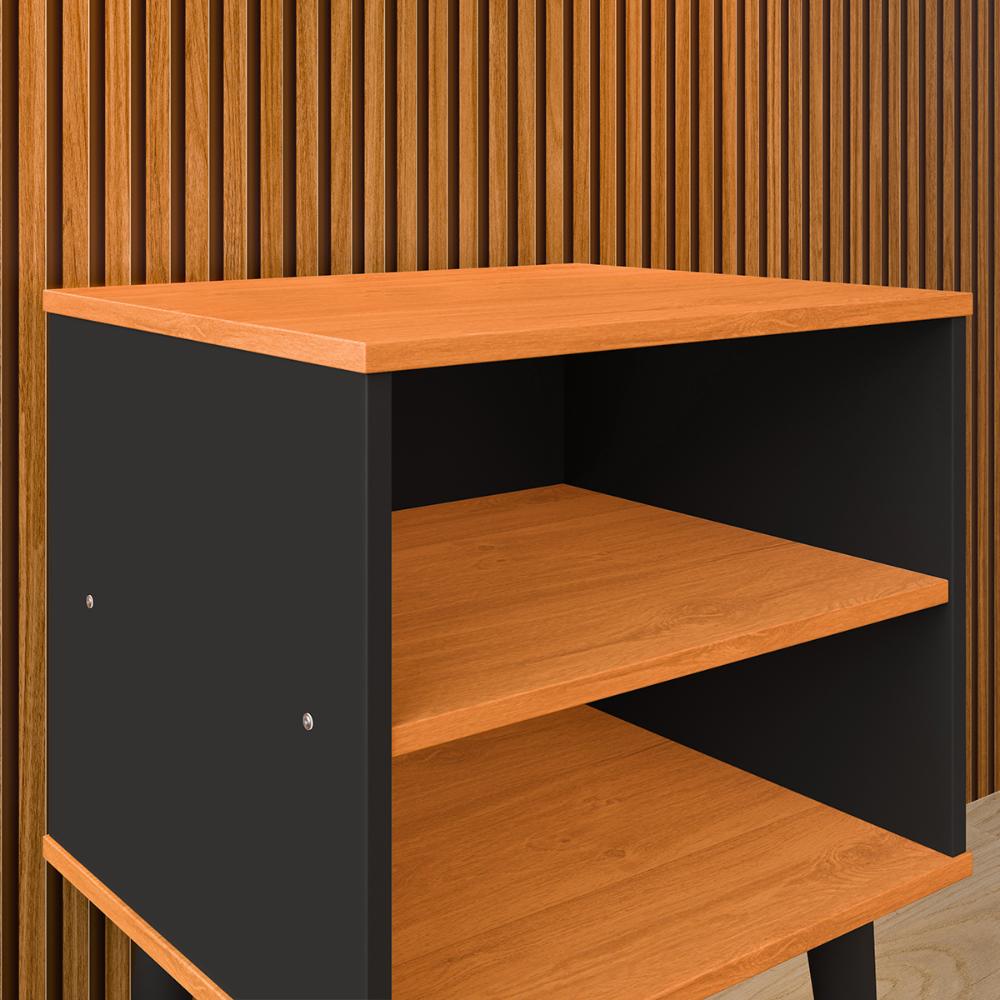 Kit 2 Mesinhas Apoio Lateral Cama Nicho Prateleira Pés Palito Jogo Mesa de Cabeceira Decoração Quarto Completo - Preto/Cinamomo - RPM Móveis
