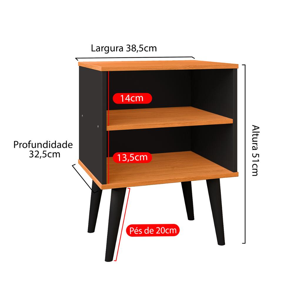 Kit 2 Mesinhas Apoio Lateral Cama Nicho Prateleira Pés Palito Jogo Mesa de Cabeceira Decoração Quarto Completo - Preto/Cinamomo - RPM Móveis