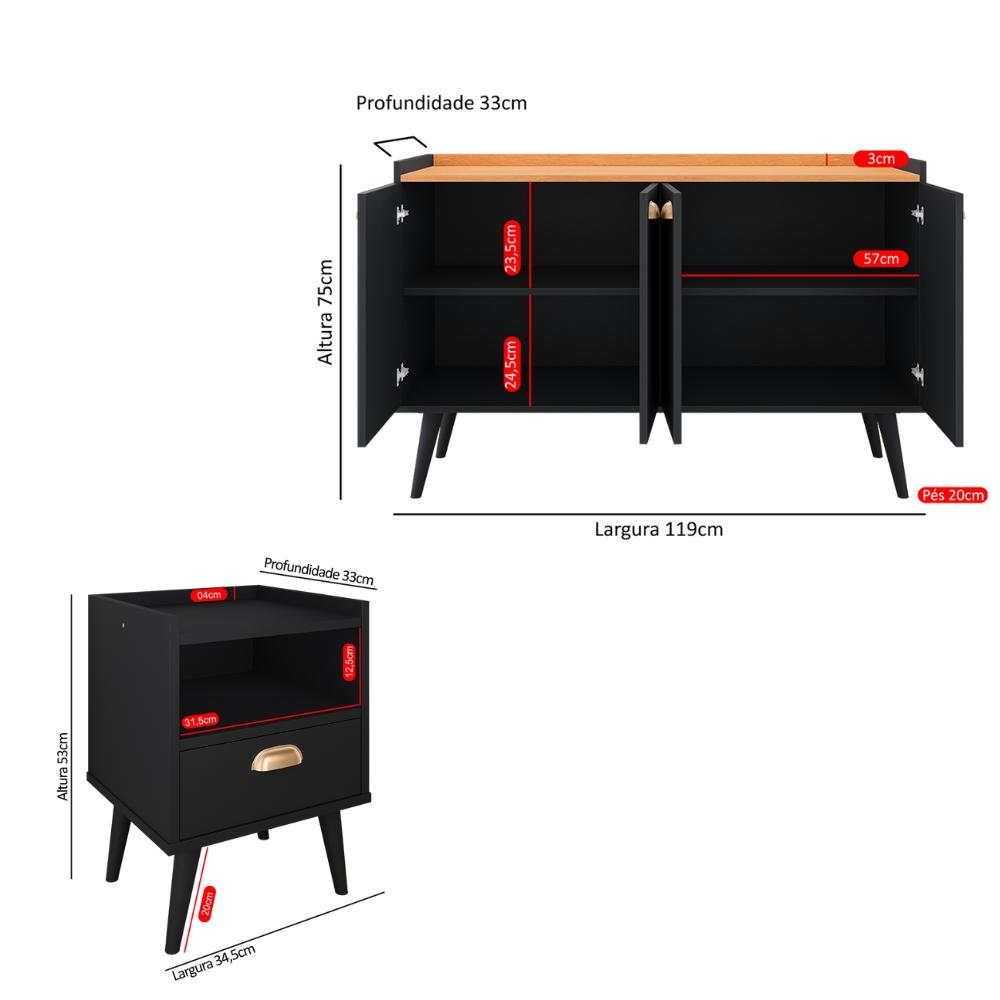Kit 2 Mesinhas Cabeceira Estilo Retrô 1 Gaveta Nicho Decorativo e Buffet Kiev Cantinho Café Preto/Cinamomo - RPM Móveis