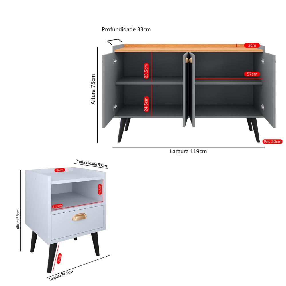 Kit 2 Mesinhas Cabeceira Estilo Retrô Branco 1 Gaveta Nicho Decorativo e Buffet Kiev Cantinho Café Cinza/Cinamomo - RPM Móveis