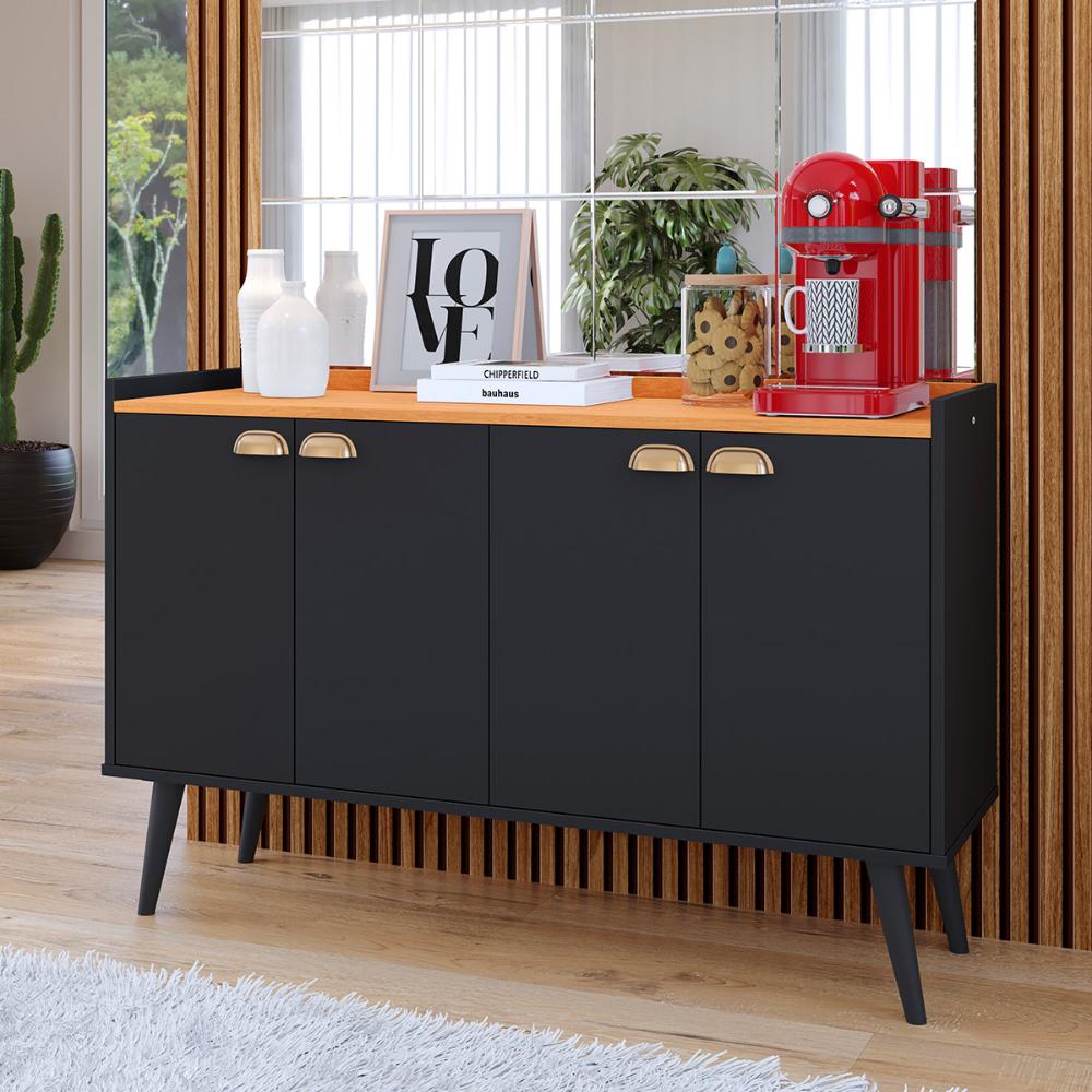 Kit 2 Mesinhas Cabeceira Estilo Retrô Branco 1 Gaveta Nicho Decorativo e Buffet Kiev Cantinho Café Preto/Cinamomo - RPM Móveis