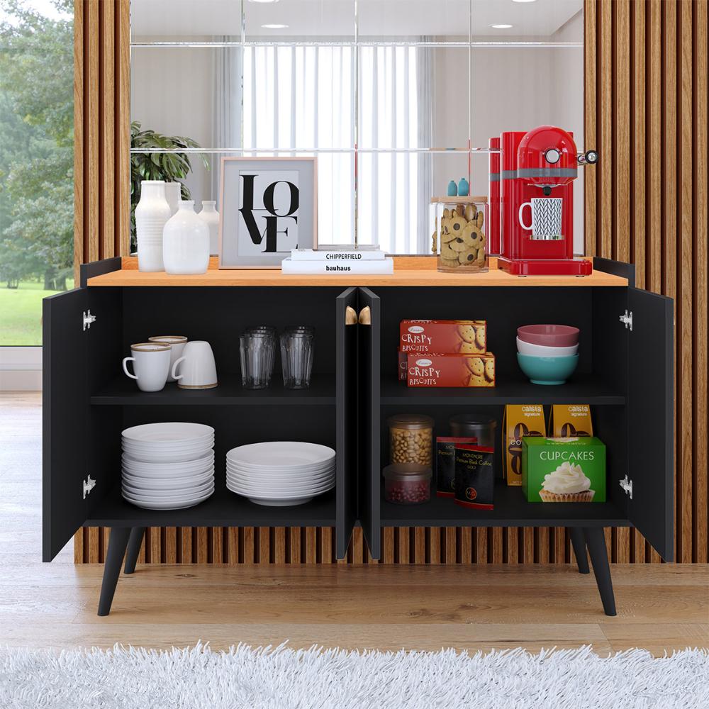 Kit 2 Mesinhas Cabeceira Estilo Retrô Branco 1 Gaveta Nicho Decorativo e Buffet Kiev Cantinho Café Preto/Cinamomo - RPM Móveis