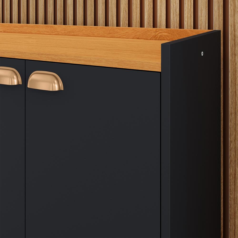 Kit 2 Mesinhas Cabeceira Estilo Retrô Branco 1 Gaveta Nicho Decorativo e Buffet Kiev Cantinho Café Preto/Cinamomo - RPM Móveis