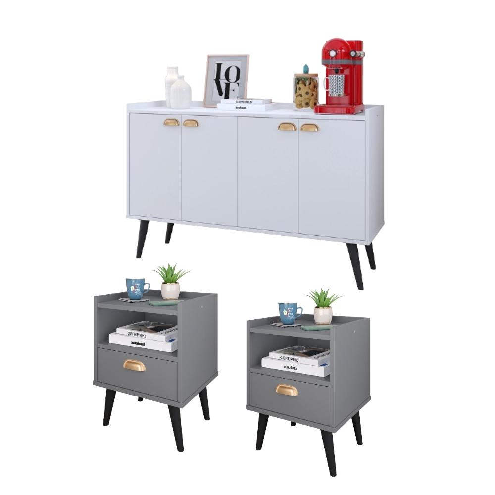 Kit 2 Mesinhas Cabeceira Estilo Retrô Cinza 1 Gaveta Nicho Decorativo e Buffet Kiev Cantinho Café Branco - RPM Móveis