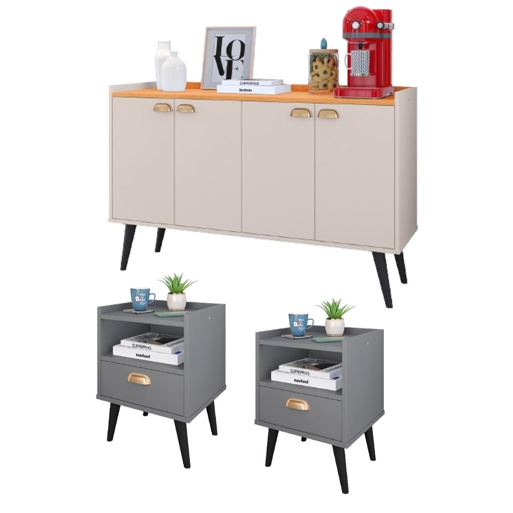 Kit 2 Mesinhas Cabeceira Estilo Retrô Cinza 1 Gaveta Nicho Decorativo e Buffet Kiev Cantinho Café Off White/Cinamomo - RPM Móveis