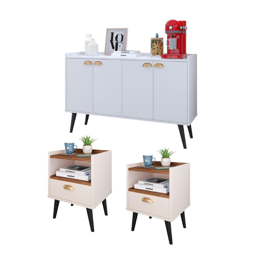 Kit 2 Mesinhas Cabeceira Estilo Retrô Off White/Freijó 1 Gaveta Nicho Decorativo e Buffet Kiev Cantinho Café Branco - RPM Móveis