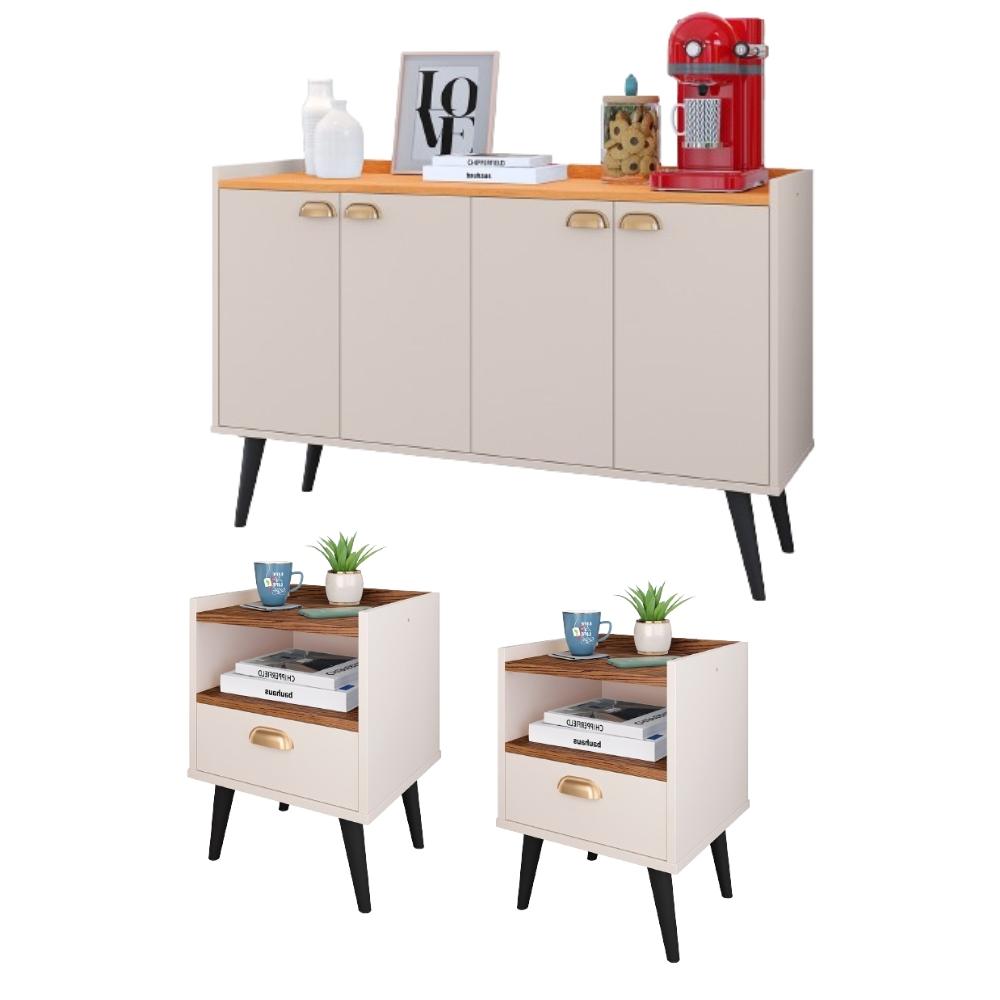 Kit 2 Mesinhas Cabeceira Estilo Retrô Off/Freijó 1 Gaveta Nicho Decorativo e Buffet Kiev Cantinho Café Off White/Cinamomo - RPM Móveis